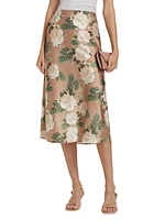 Aviva Floral Stretch Silk Midi-Skirt