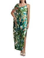 Iker Floral Cape-Shoulder Dress