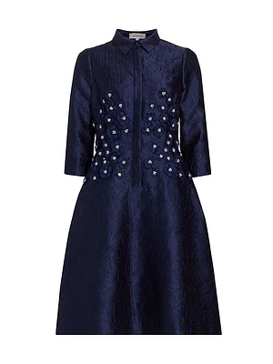 Floral-Appliqué Jacquard Midi-Shirtdress