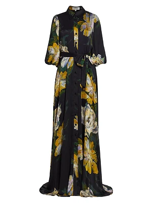 Floral Chiffon Balloon-Sleeve Shirt Gown