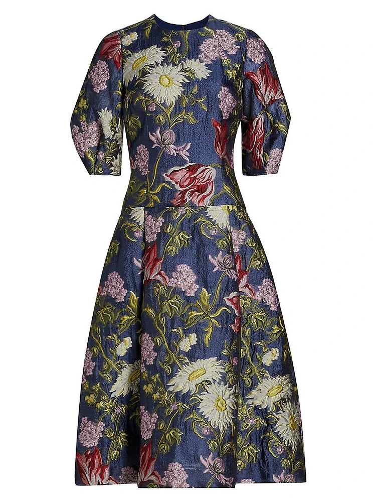 Floral Jacquard Puff-Sleeve Cocktail Dress