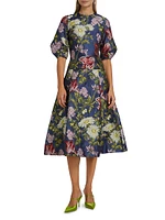 Floral Jacquard Puff-Sleeve Cocktail Dress