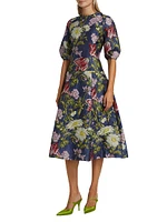 Floral Jacquard Puff-Sleeve Cocktail Dress