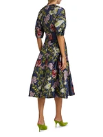 Floral Jacquard Puff-Sleeve Cocktail Dress