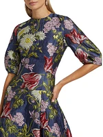 Floral Jacquard Puff-Sleeve Cocktail Dress