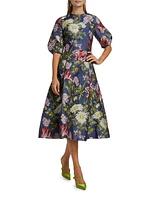 Floral Jacquard Puff-Sleeve Cocktail Dress