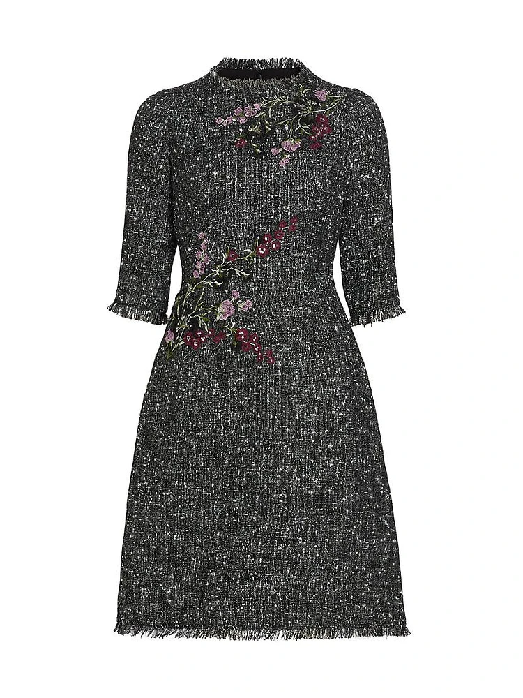 Floral Appliqué Tinsel Tweed Cocktail Dress