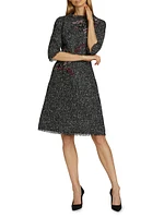 Floral Appliqué Tinsel Tweed Cocktail Dress