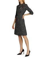 Floral Appliqué Tinsel Tweed Cocktail Dress