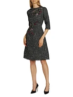 Floral Appliqué Tinsel Tweed Cocktail Dress