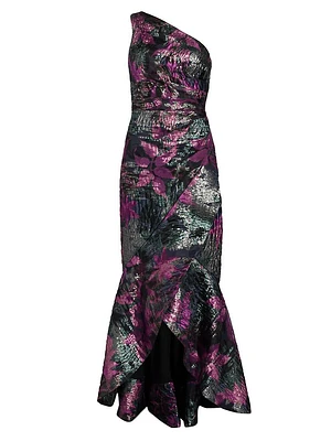 Floral Jacquard One-Shoulder Mermaid Gown