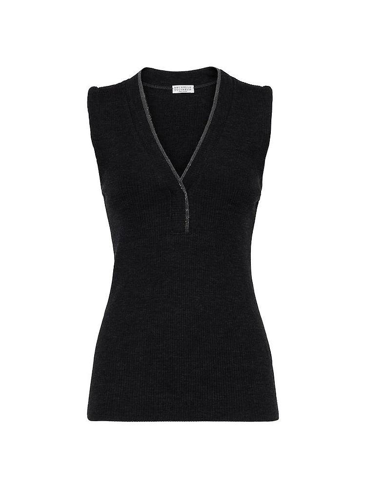 Ribbed Wool Jersey Top with Shiny Neckline