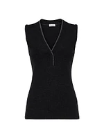 Ribbed Wool Jersey Top with Shiny Neckline