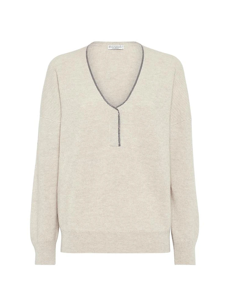 Cashmere English Rib Sweater with Shiny Neckline