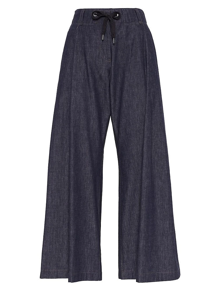 No Fade Denim Wide Pleated Trousers with Shiny Tab