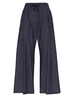 No Fade Denim Wide Pleated Trousers with Shiny Tab