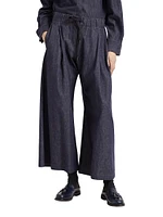 No Fade Denim Wide Pleated Trousers with Shiny Tab