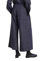 No Fade Denim Wide Pleated Trousers with Shiny Tab