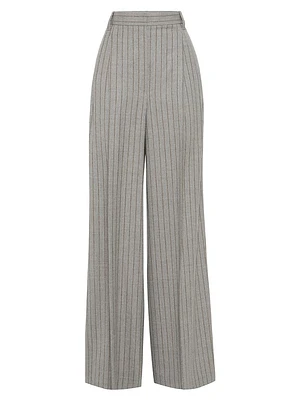 Virgin Wool Moulin Chalk Stripe High Waist Wide Trousers with Monili