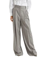 Virgin Wool Moulin Chalk Stripe High Waist Wide Trousers with Monili