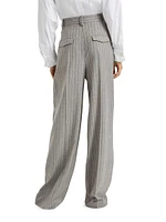 Virgin Wool Moulin Chalk Stripe High Waist Wide Trousers with Monili