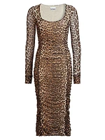 Leopard Printed Mesh Midi-Dress