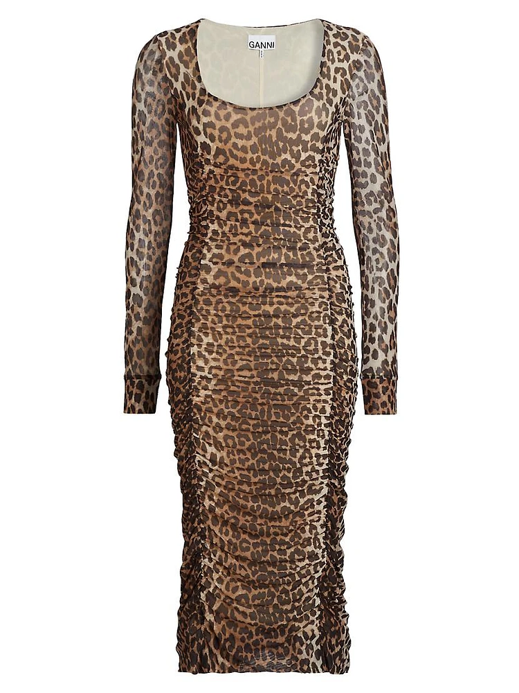 Leopard Printed Mesh Midi-Dress