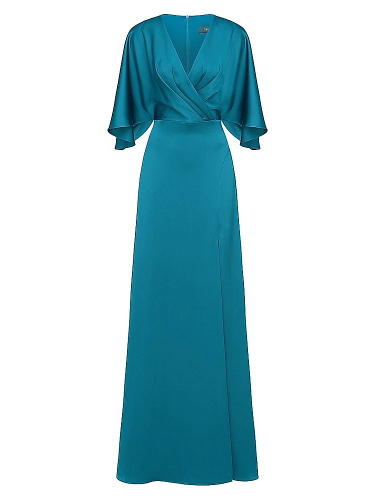 Waverly Satin Flutter-Sleeve Gown