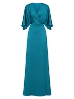 Waverly Satin Flutter-Sleeve Gown