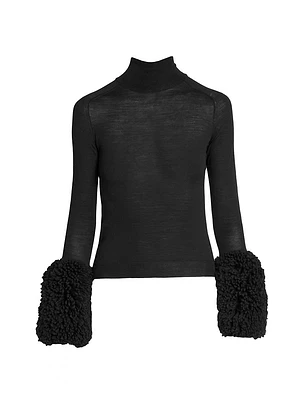 Wool Fringe-Sleeve Turtleneck Top