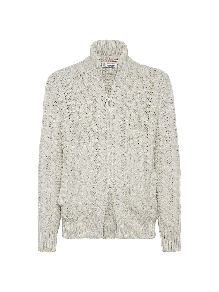 Flecked Soft Cashmere Cable Knit Cardigan with Zipper