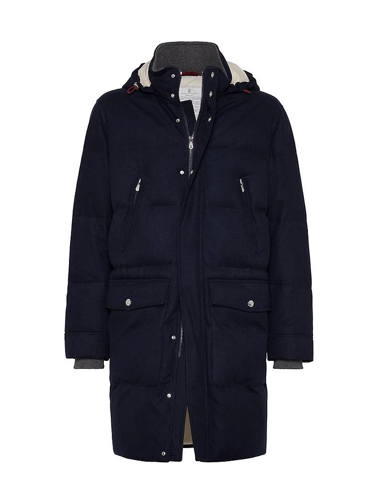 Bonded Wool Flannel Down Coat with Detachable Hood