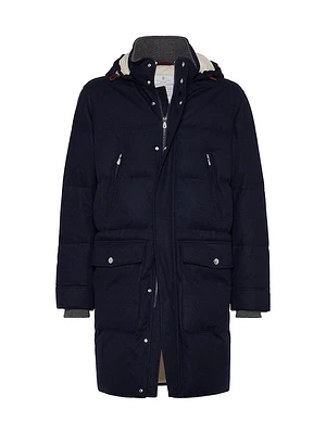 Bonded Wool Flannel Down Coat with Detachable Hood