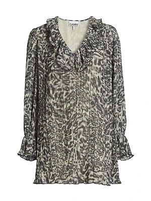 Animal-Print Georgette V-Neck Minidress