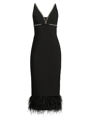 Nora Embellished Trim Feather Midi-Dress