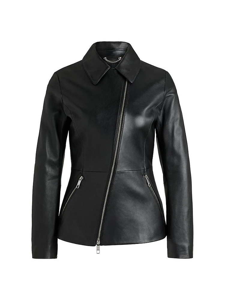 Leather Jacket with Asymmetric Two-Way Zip