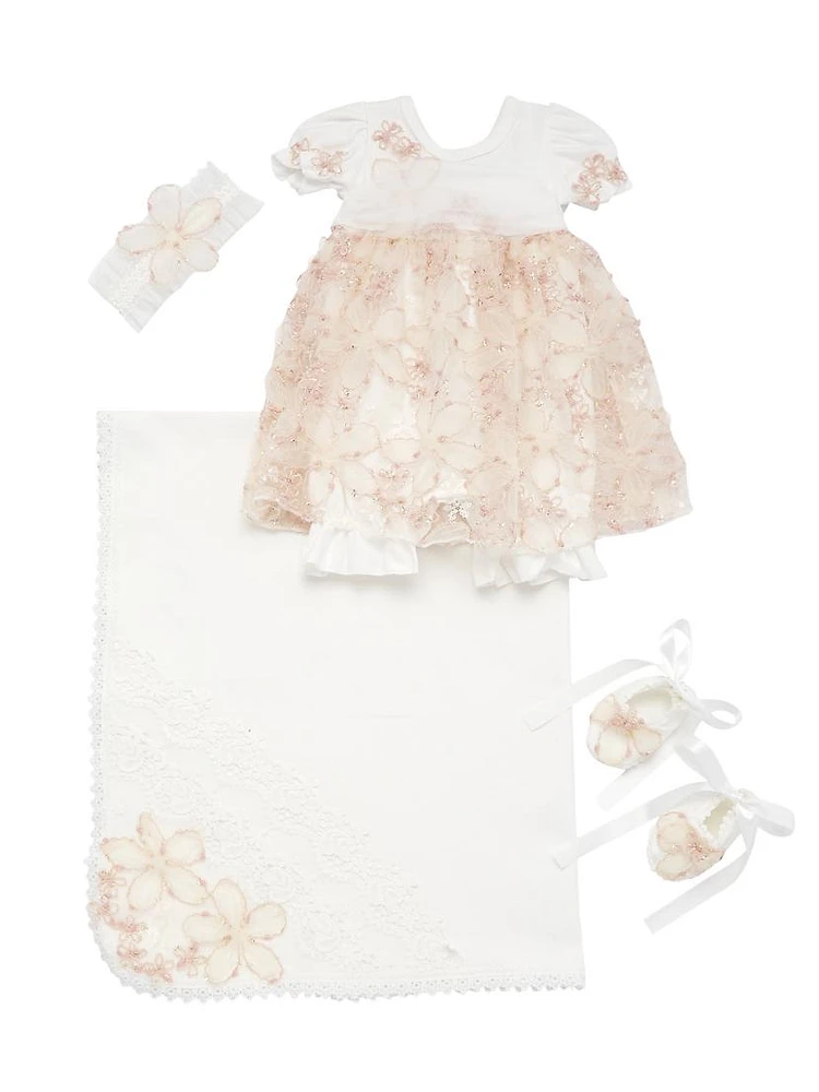 Baby Girl's 4-Piece Beaded Lace Dress, Headband, Booties & Blanket Set