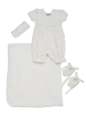 Baby Girl's 4-Piece Venise Lace Romper, Headband, Booties & Blanket Set