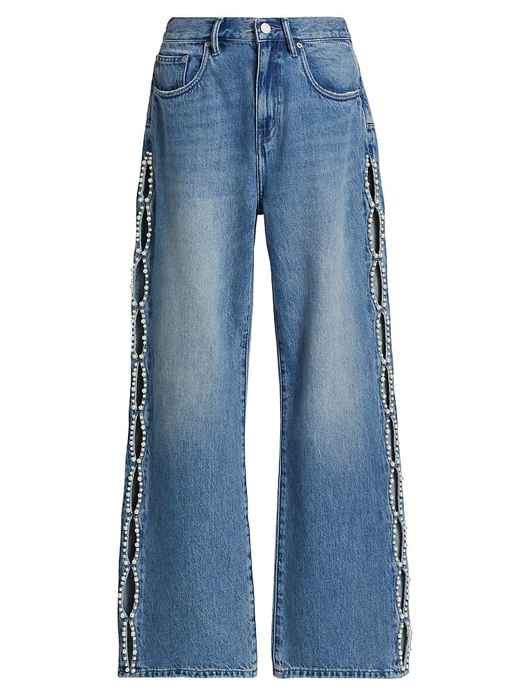 Pearly Side Cut-Out High-Rise Wide-Leg Jeans