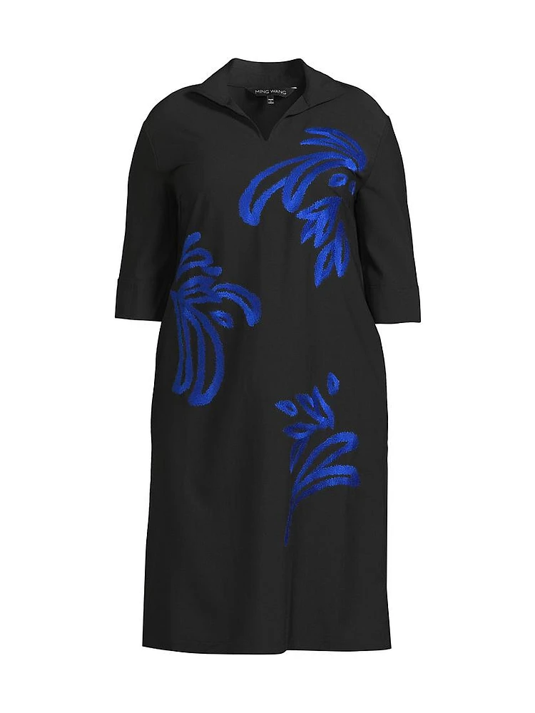 Embroidered Twill Shift Dress