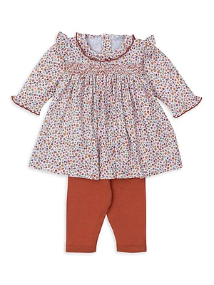 Baby Girl's 2-Piece Floral Ruffle-Trim Dress & Leggings Set