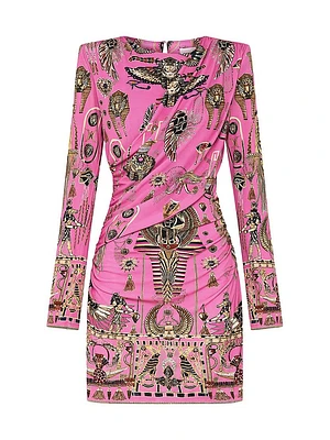 Printed Asymmetrical Draped Long-Sleeve Minidress