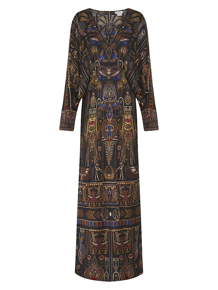 Egyptian-Print Silk V-Neck Maxi Dress