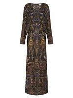 Egyptian-Print Silk V-Neck Maxi Dress