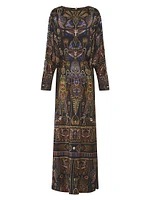 Egyptian-Print Silk V-Neck Maxi Dress