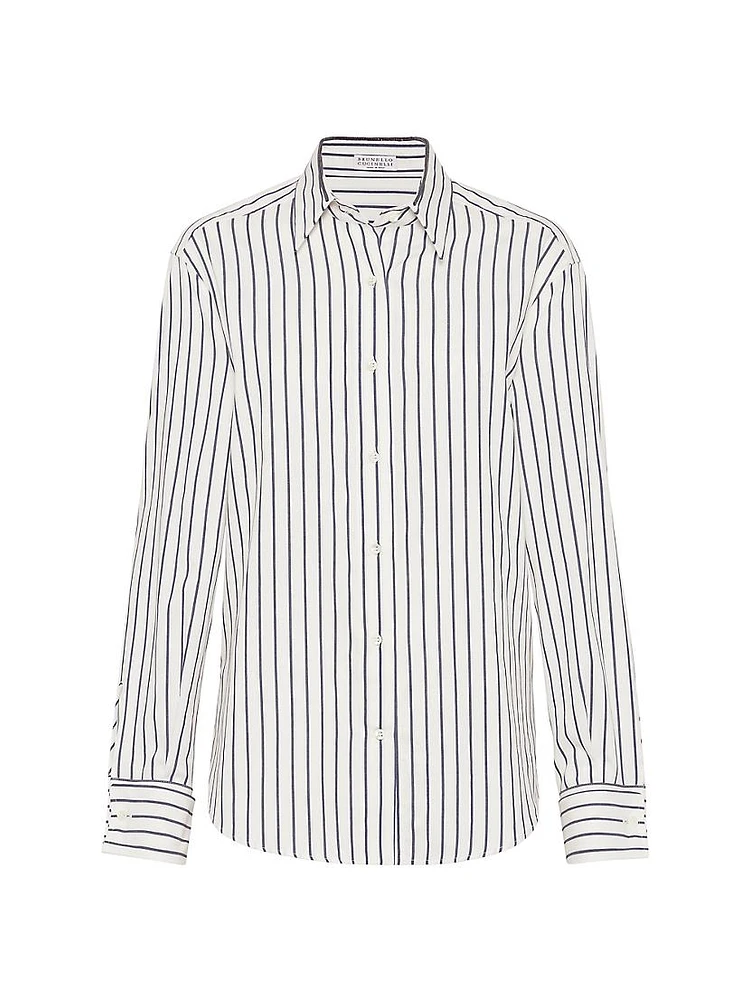 Striped Cotton Twill Shirt with Shiny Collar Detail