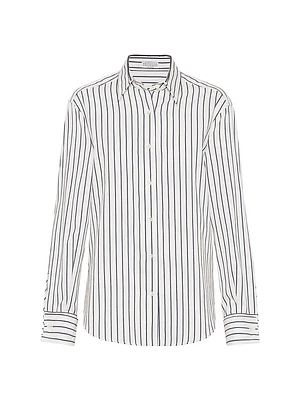 Striped Cotton Twill Shirt with Shiny Collar Detail