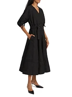 Cotton Blend V-Neck Belted Midi-Dress