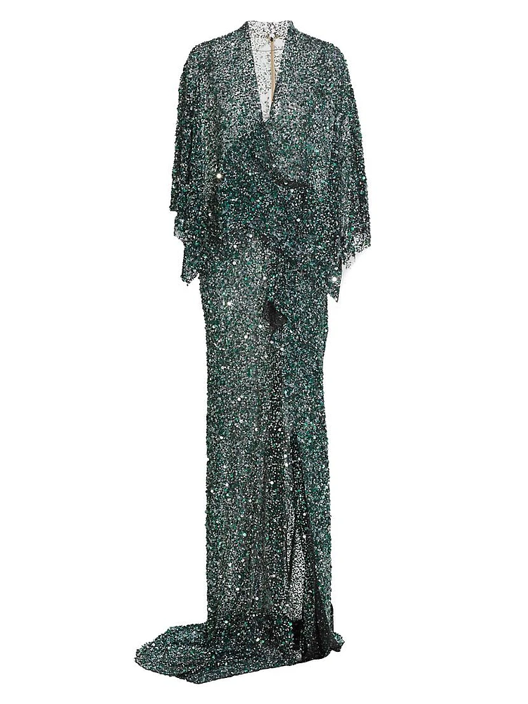 Sequin Tulle Wrap Gown