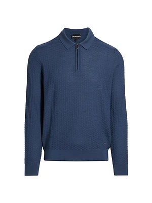 Textured Wool Knit Half-Zip Polo Sweater